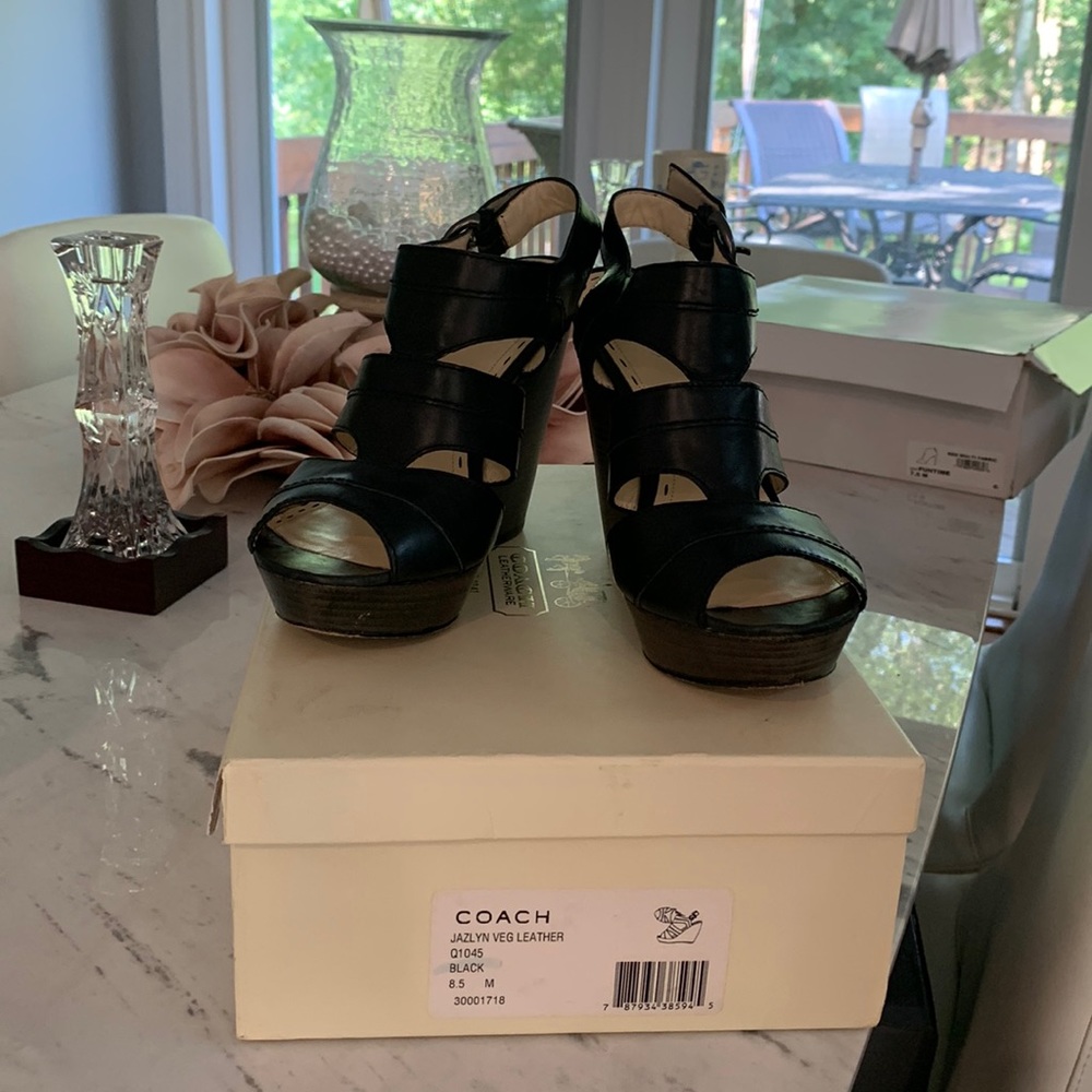 Coach size 8.5 black open toe wedge